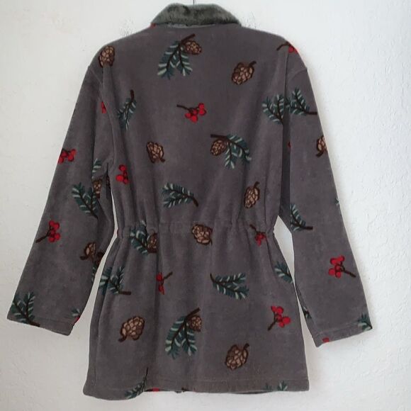 Karen Scott Fleece Colar Faur Fur Full Zip Drawstring Gray Women’s Jacket Size M - Picture 2 of 9
